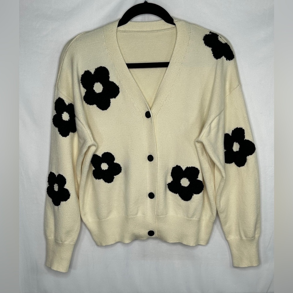 Cider Cream Cardigan with Black Floral  Drop‎ Shoulders Soft Bohemian Sz 2XL